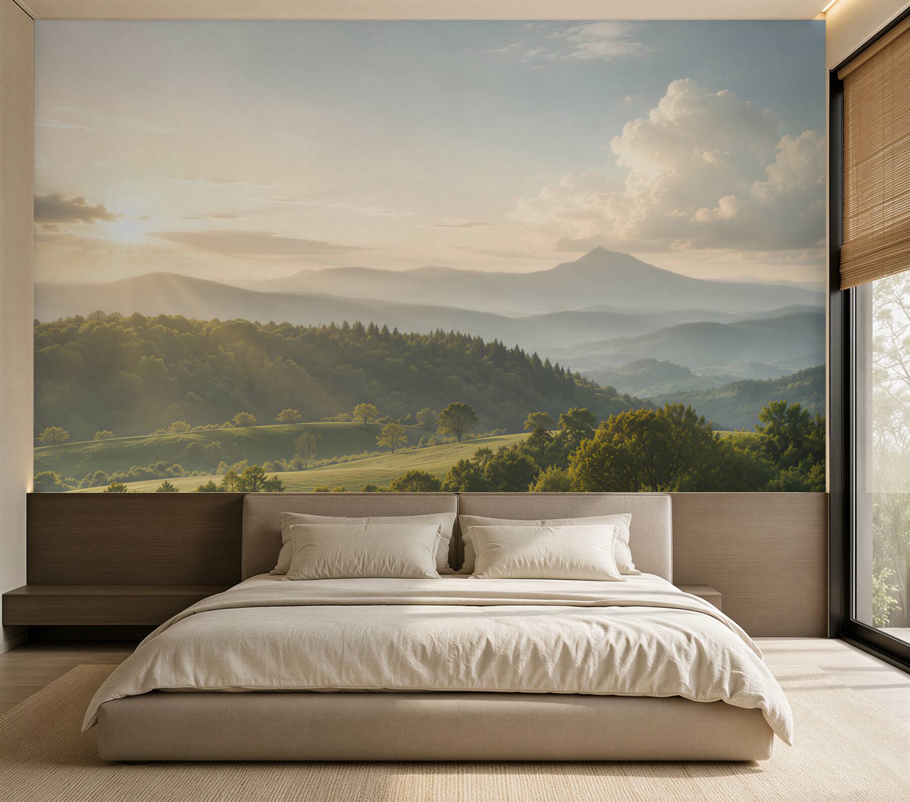 Fototapeten Morgenstrahlen über den Berggipfeln