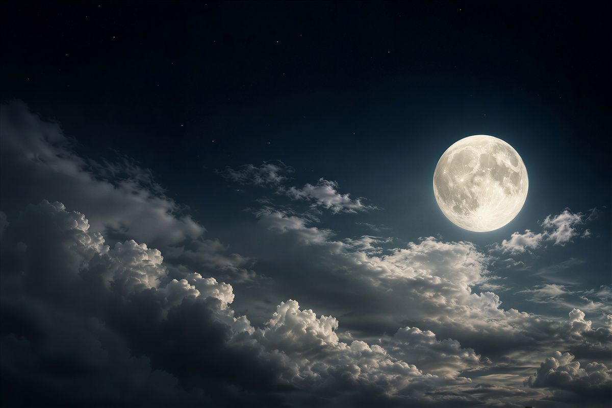 Fototapeten hypnotisierender Vollmond über den Wolken