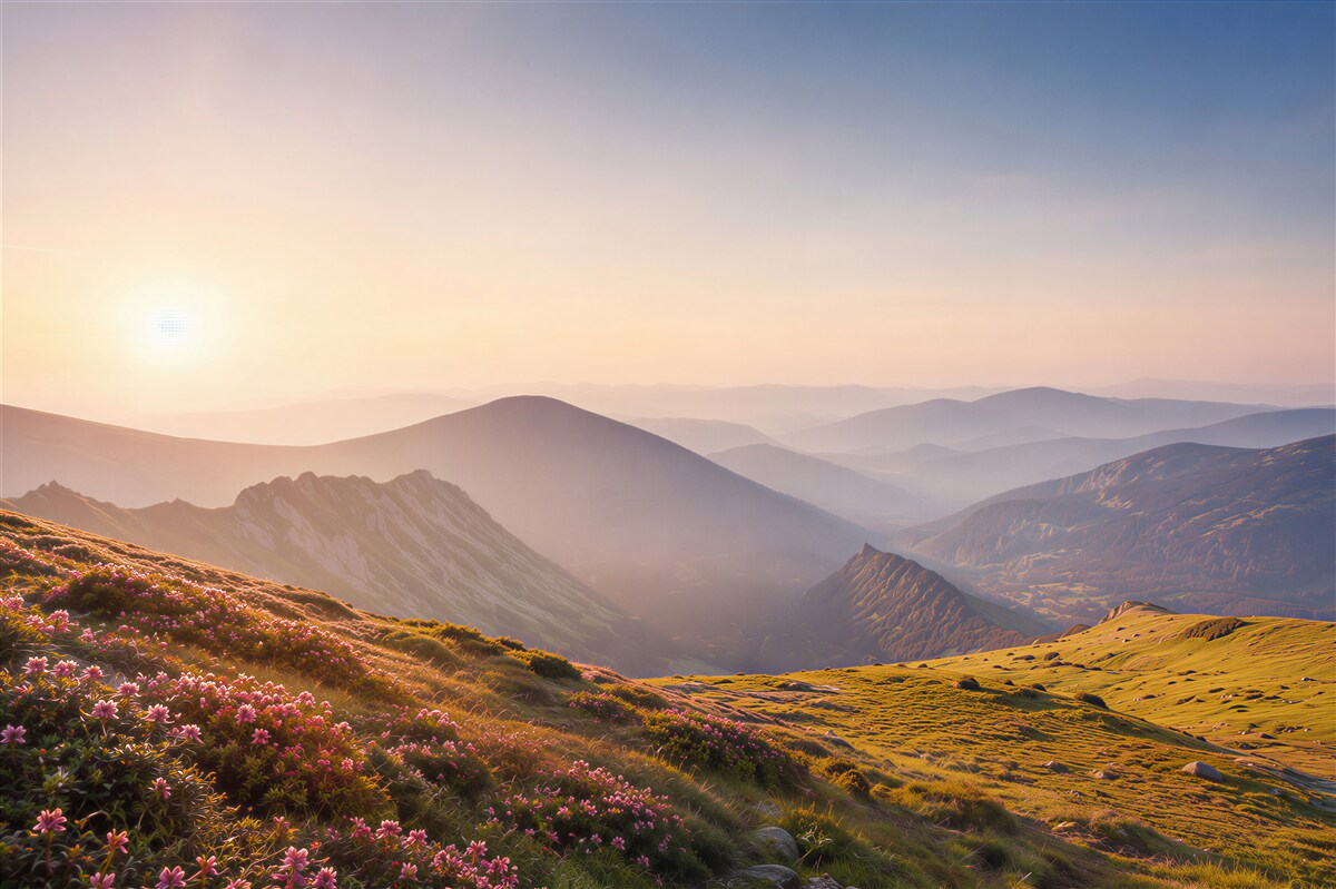 Fototapeten Landschaft des Gipfels der Berge bei Sonnenaufgang