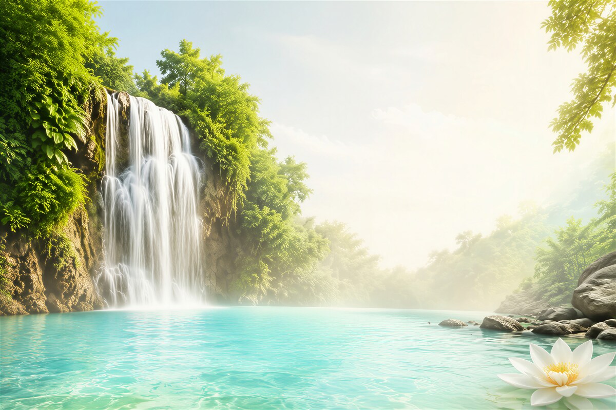 Fototapeten Bergwasserfall und azurblauer See