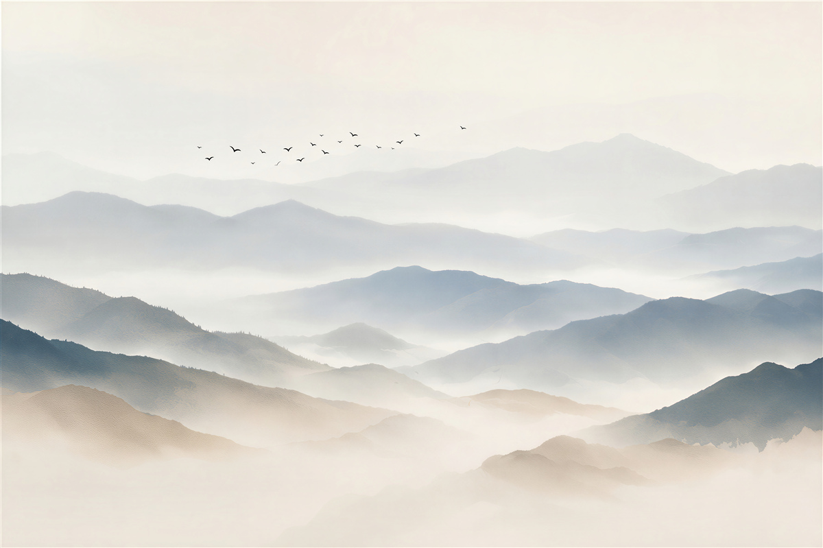 Fototapeten Vögel über dem nebligen Morgenwald