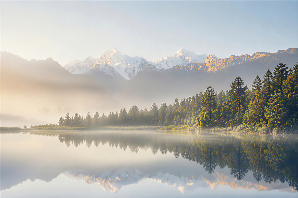 Fototapeten Nebel über den Gewässern des Bergsees