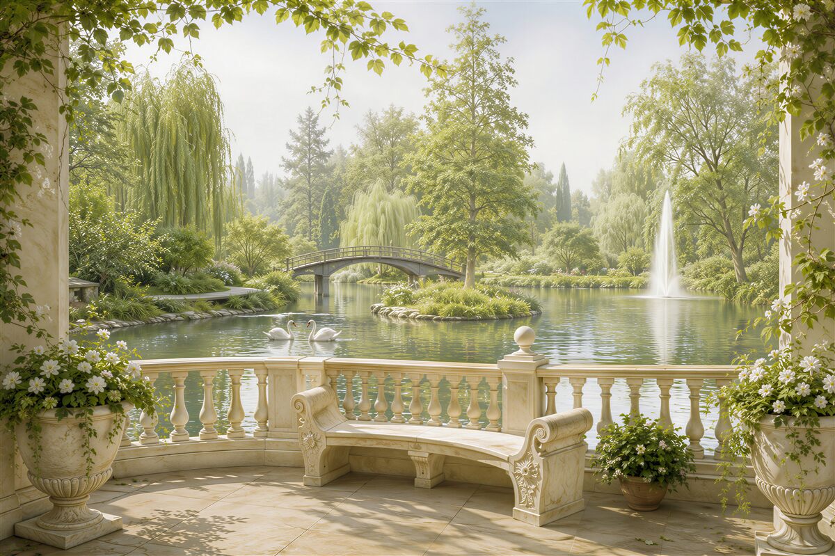 Fototapeten Terrasse und Schwäne am See