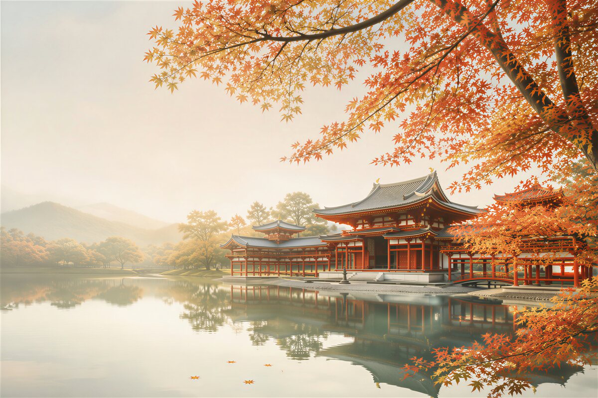 Fototapeten Japanischer Park im herbstlichen Spiegel