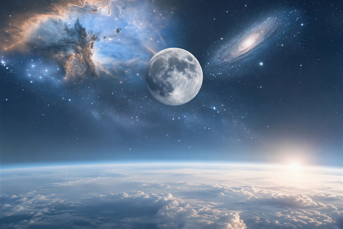 Fototapeten Raum und Mond über den Wolken