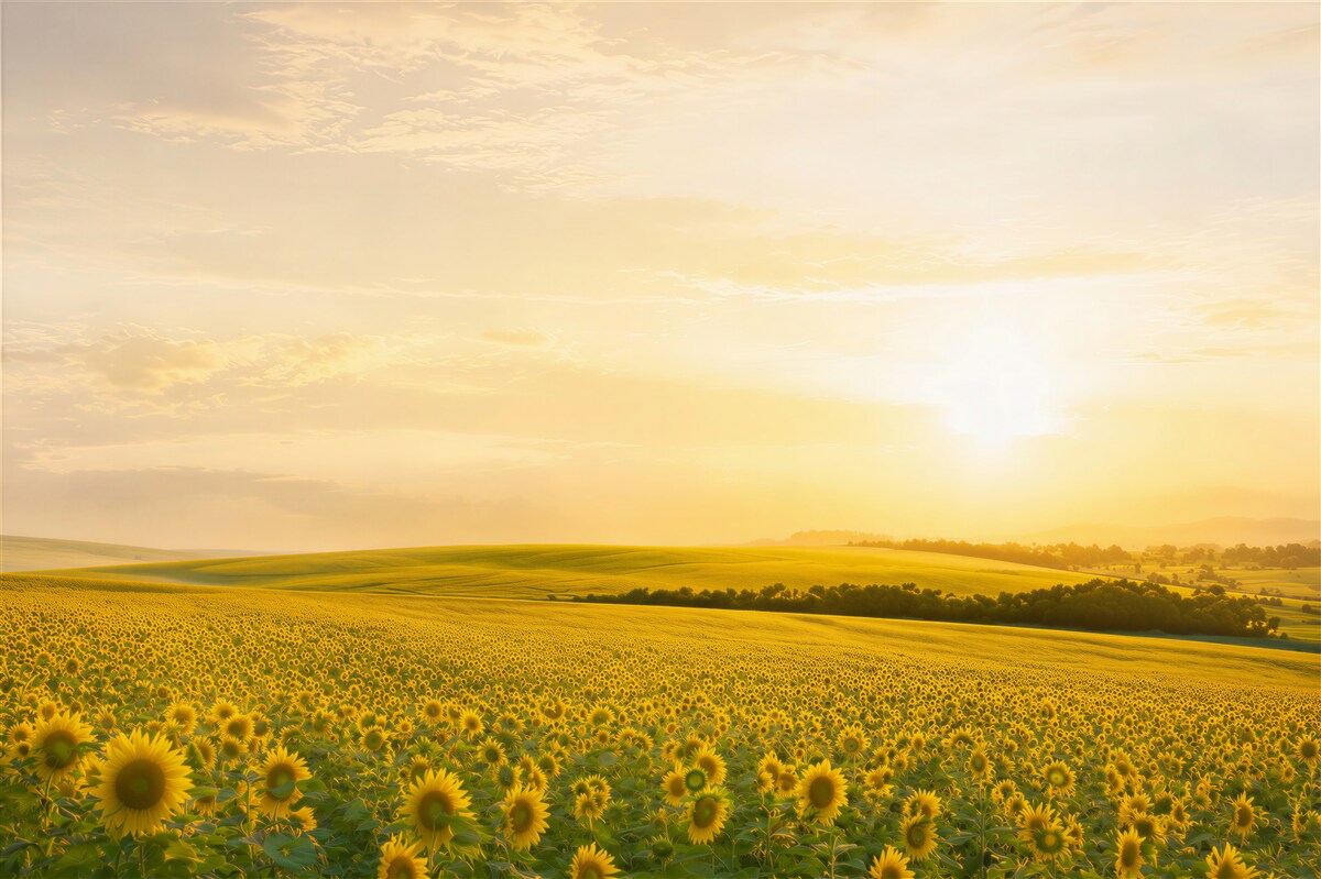 Fototapeten strahlende Sonne über einem Sonnenblumenfeld