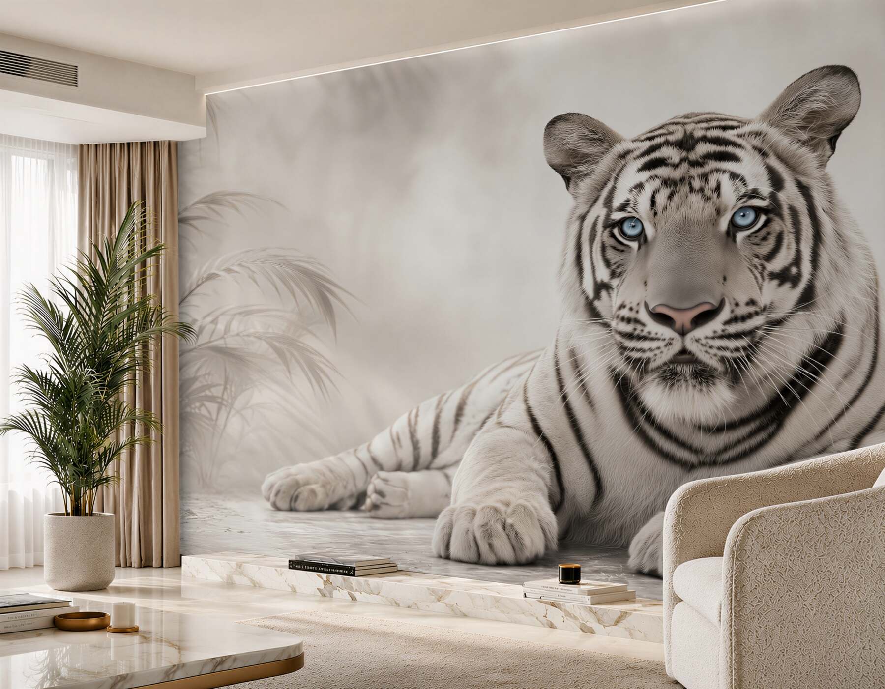 Fototapeten schöner schwarz-weißer Tiger mit blauen Augen