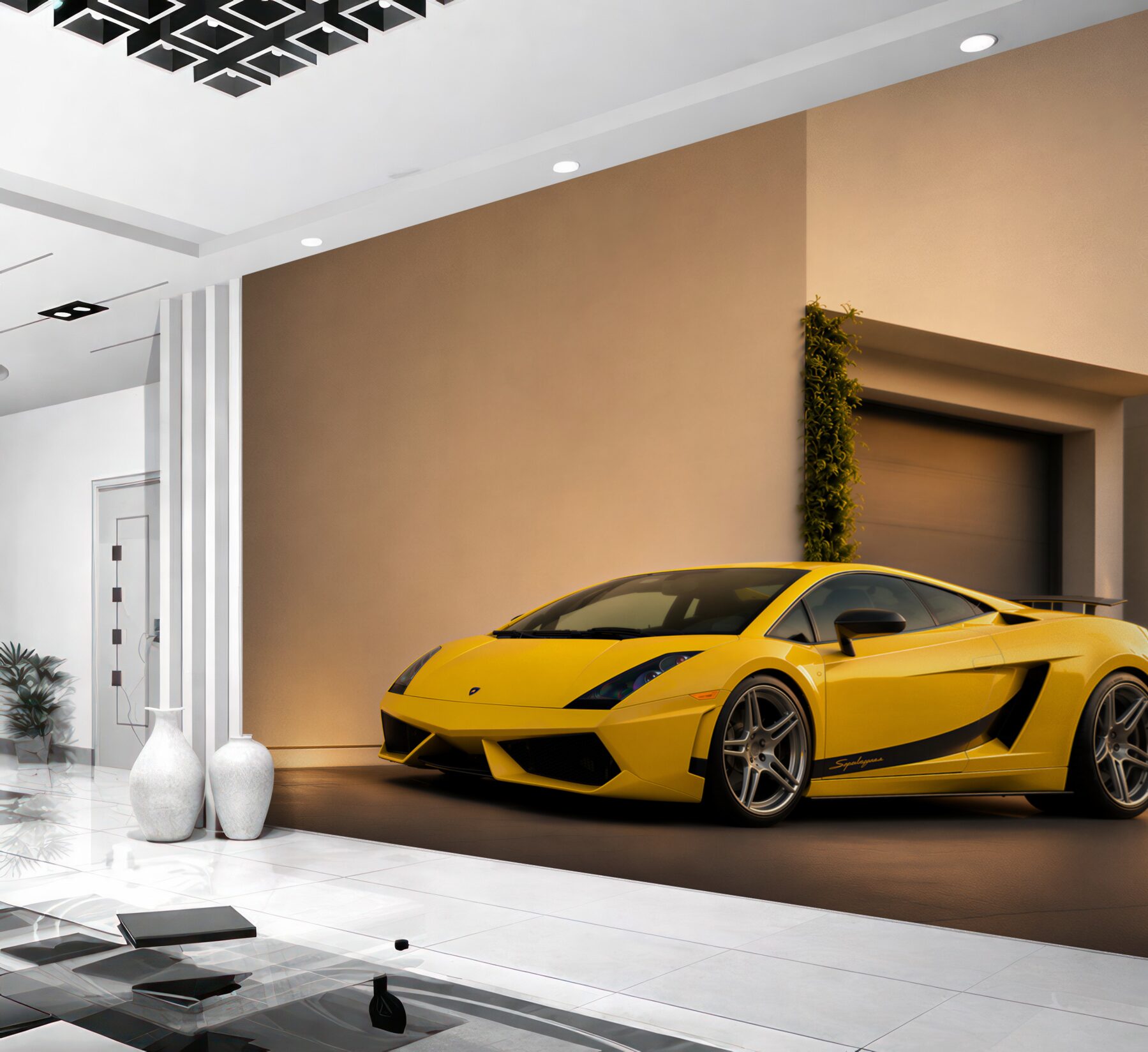 Fototapeten elegantes gelbes Auto neben einem Haus