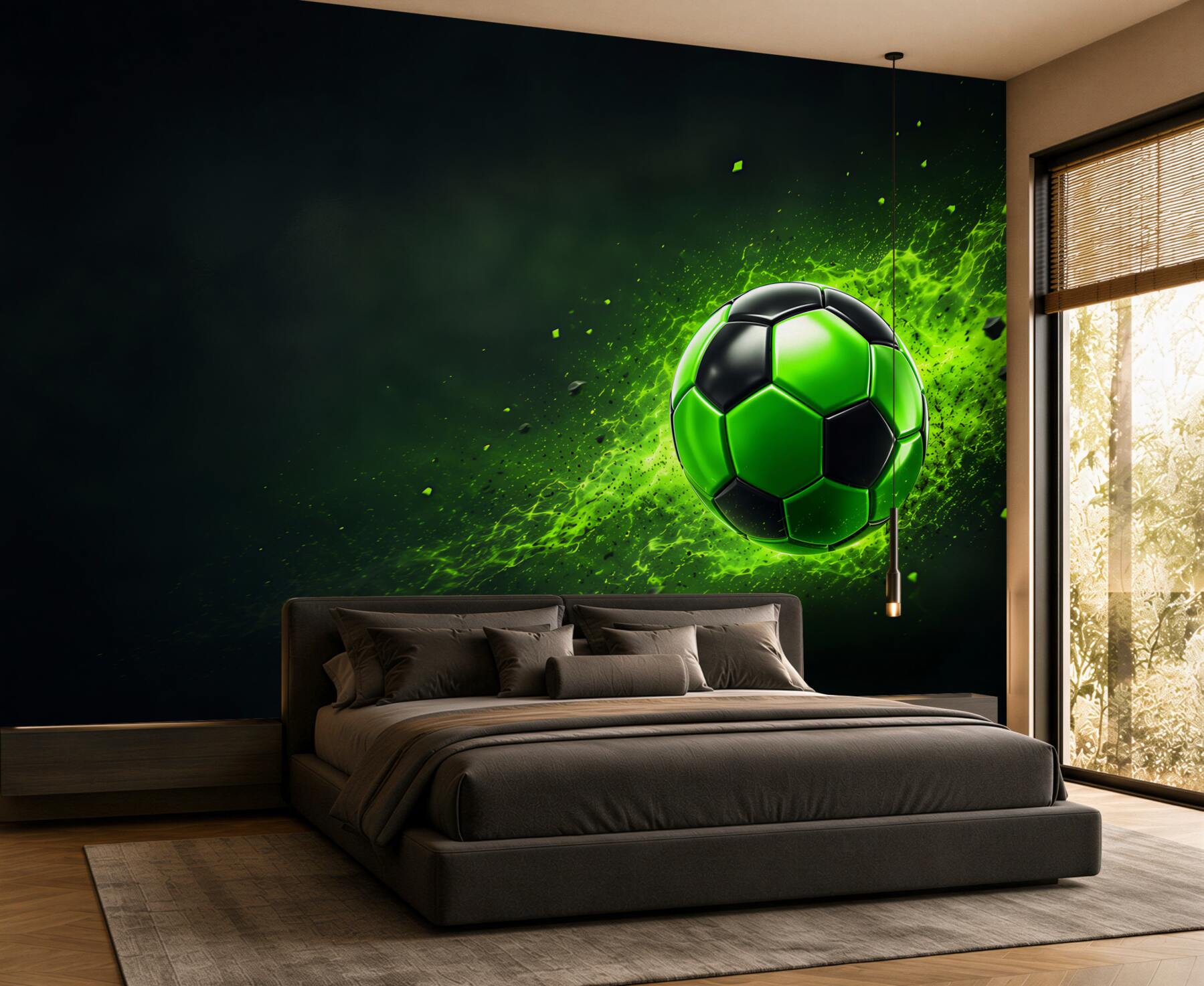 Fototapeten grüner Strahl leuchtet auf dem Fußball