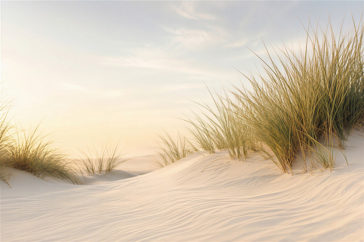 Fototapeten Sandstrand mit Grün bei Sonnenaufgang