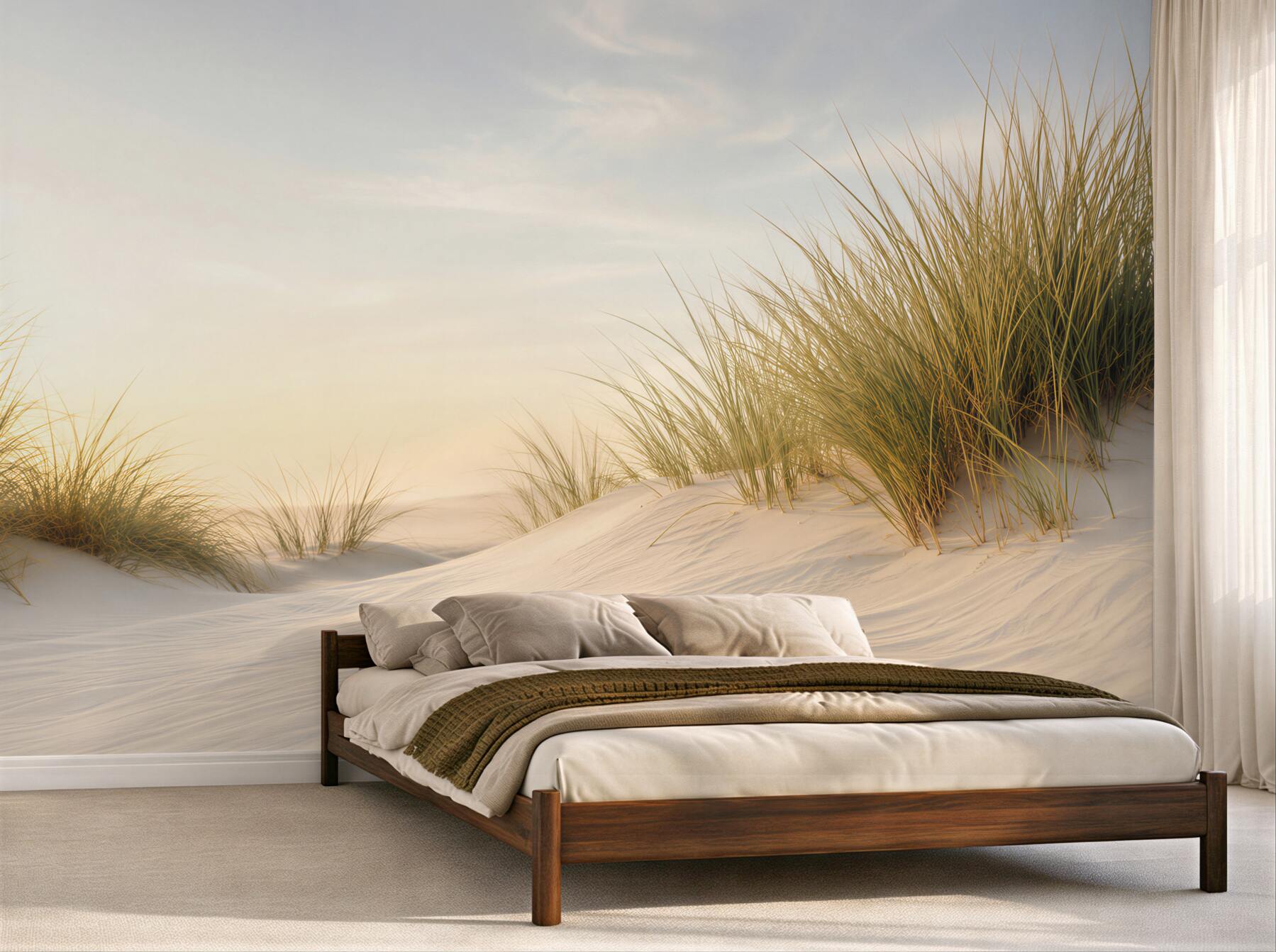 Fototapeten Sandstrand mit Grün bei Sonnenaufgang