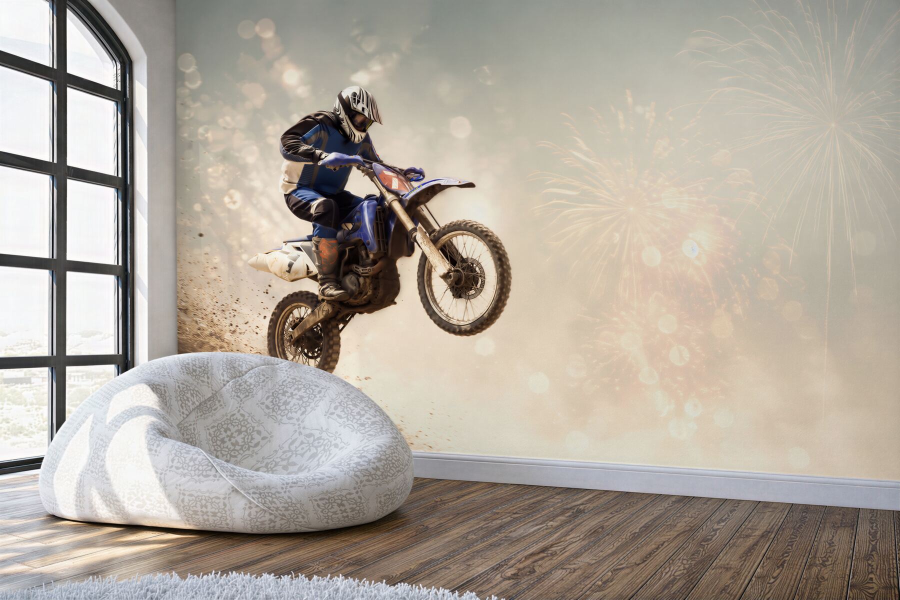 Fototapeten Motorradfahrer vor einem Feuerwerk