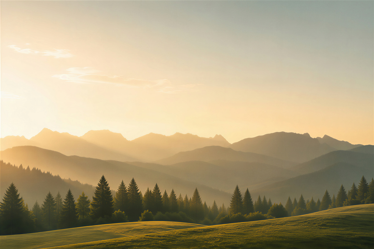 Fototapeten außergewöhnlicher gelber Sonnenuntergang im nebligen Bergwald