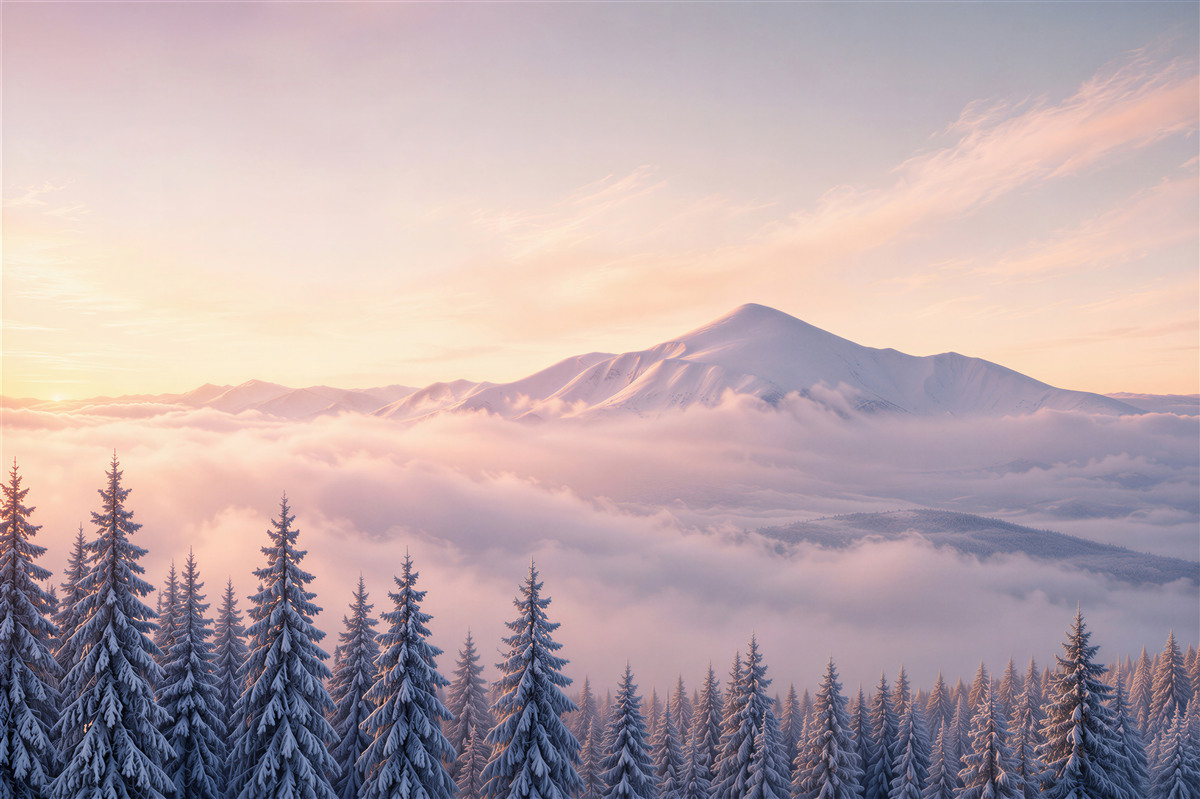 Fototapeten winterlicher rosa Sonnenuntergang mit Nebel in den Bergen