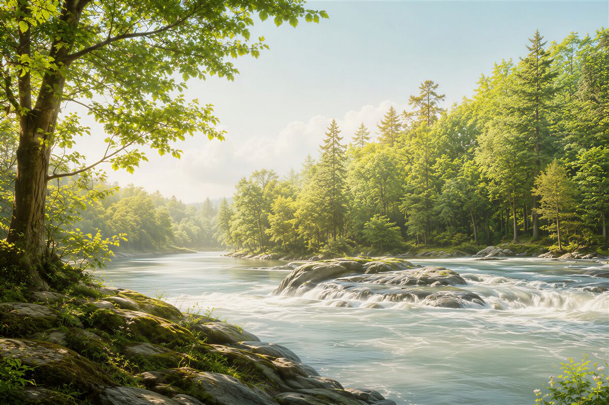 Fototapeten rauschender Gebirgsfluss im sonnigen Wald