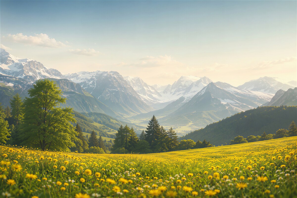 Fototapeten gelbes Löwenzahnfeld mit Blick auf die Berge