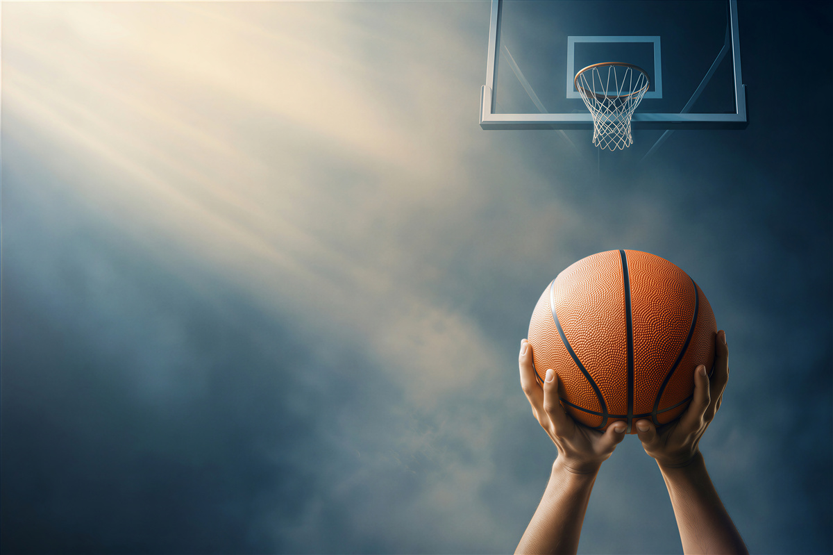 Fototapeten Hände halten einen Basketball vor einem Korb