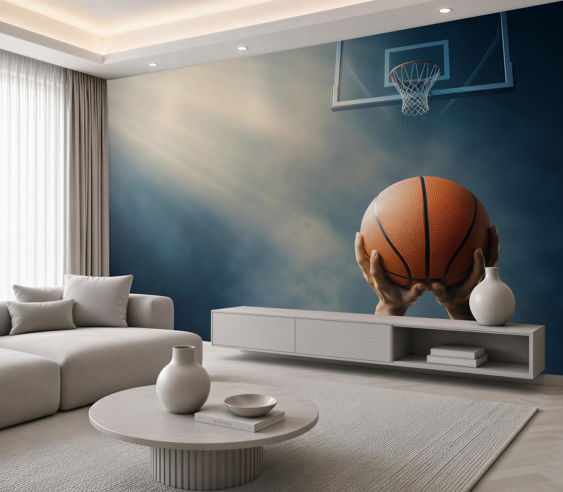Fototapeten Hände halten einen Basketball vor einem Korb
