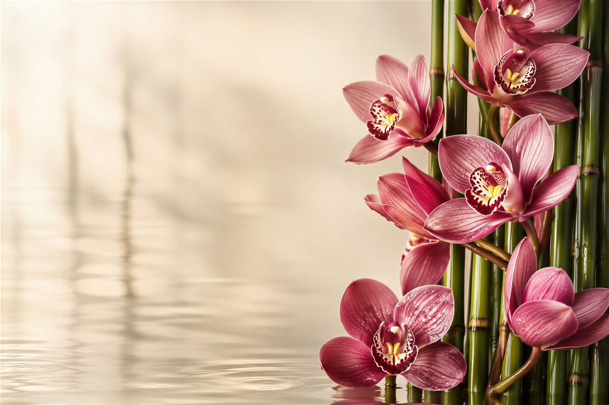 Fototapeten Zweige zarter Blumen auf feuchtem Boden