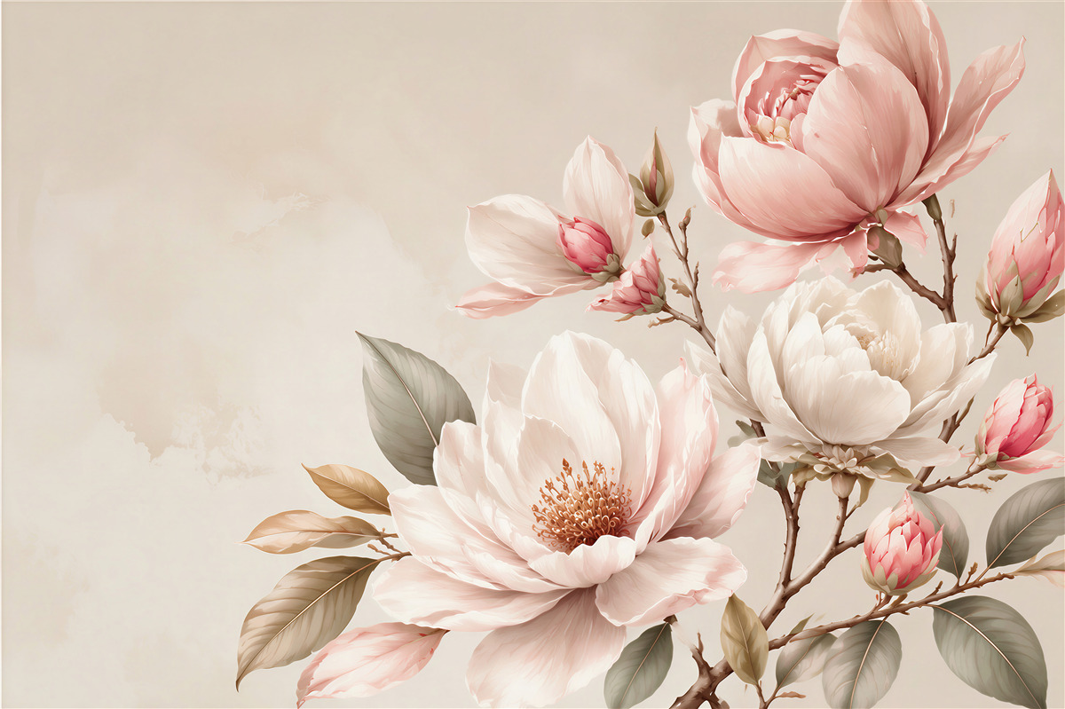 Fototapeten weiße und rote Magnolienblüten an Zweigen