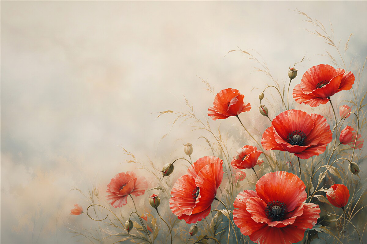 Fototapeten Feld roter Mohnblumen während eines Sturms