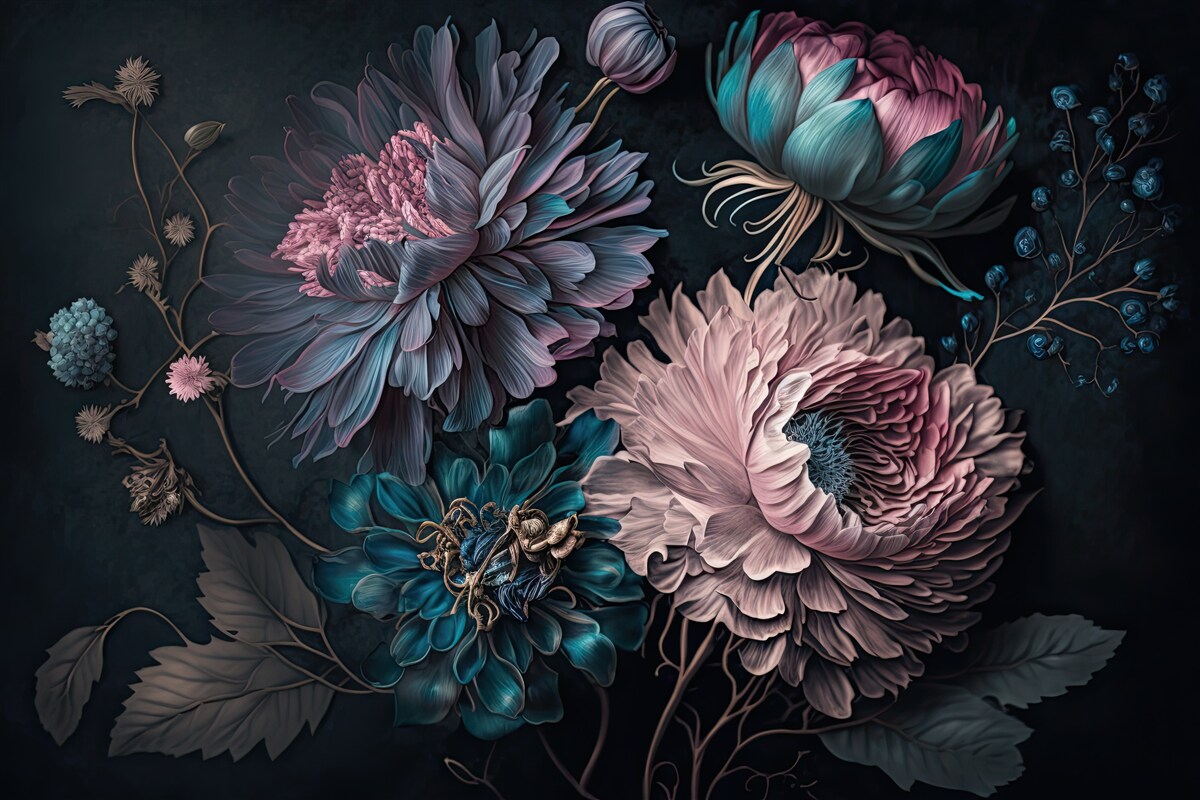 Fototapeten Bouquet tropischer Blumen auf dunklem Hintergrund