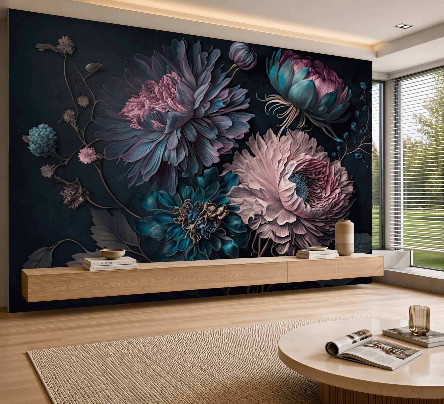 Fototapeten Bouquet tropischer Blumen auf dunklem Hintergrund