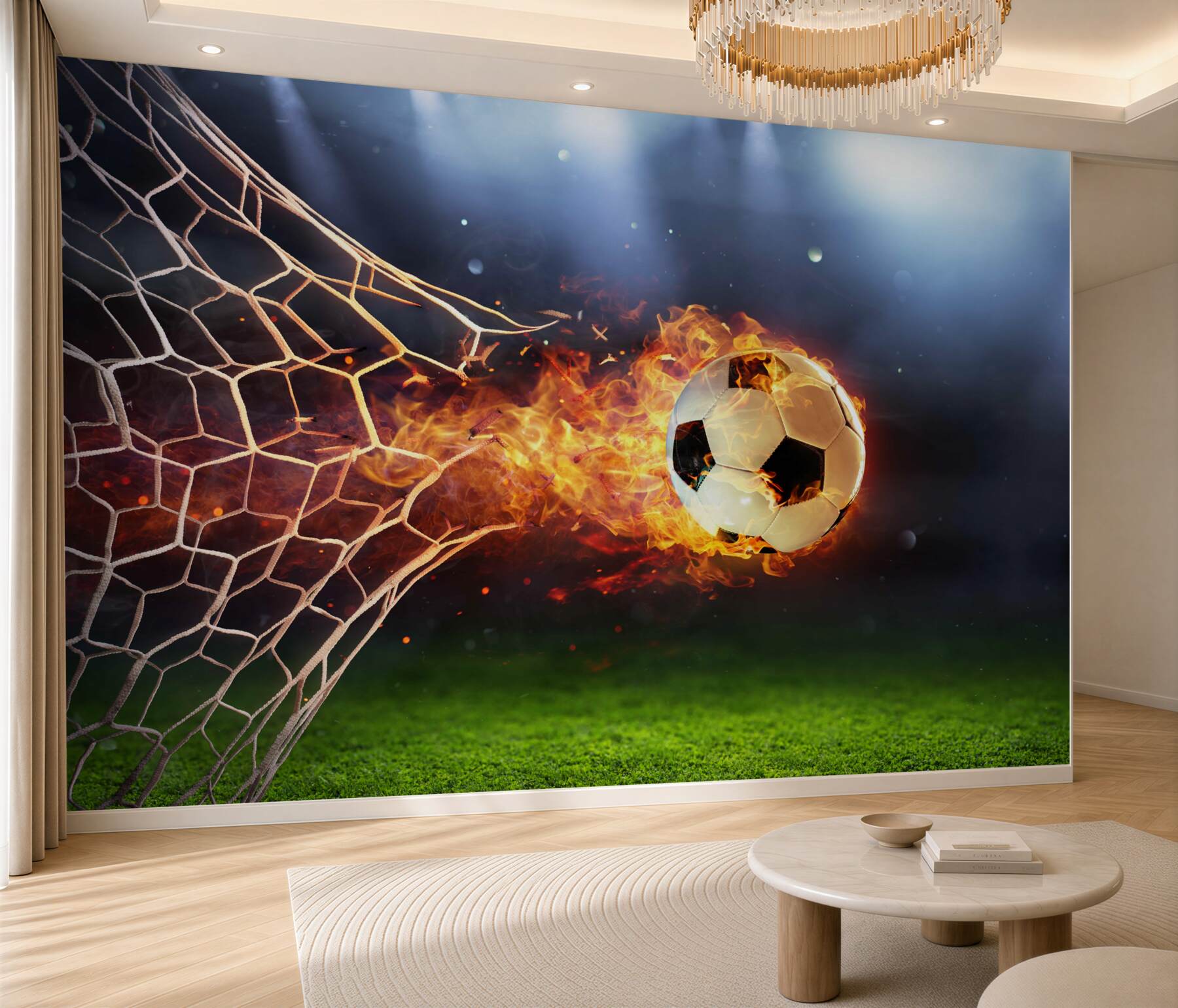 Fototapeten brennender Ball durchbricht das Netz