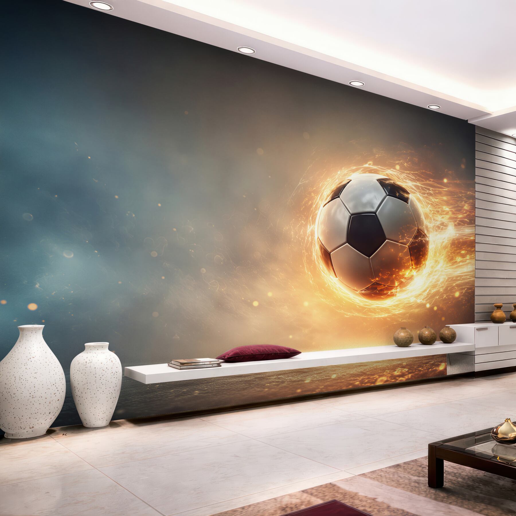 Fototapeten Fußball in den Strahlen des Feuers
