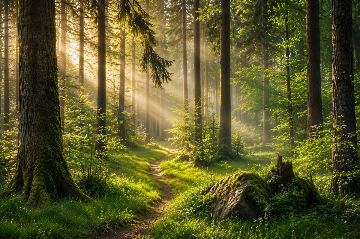 Fototapeten Waldmorgen zwischen dem Grün