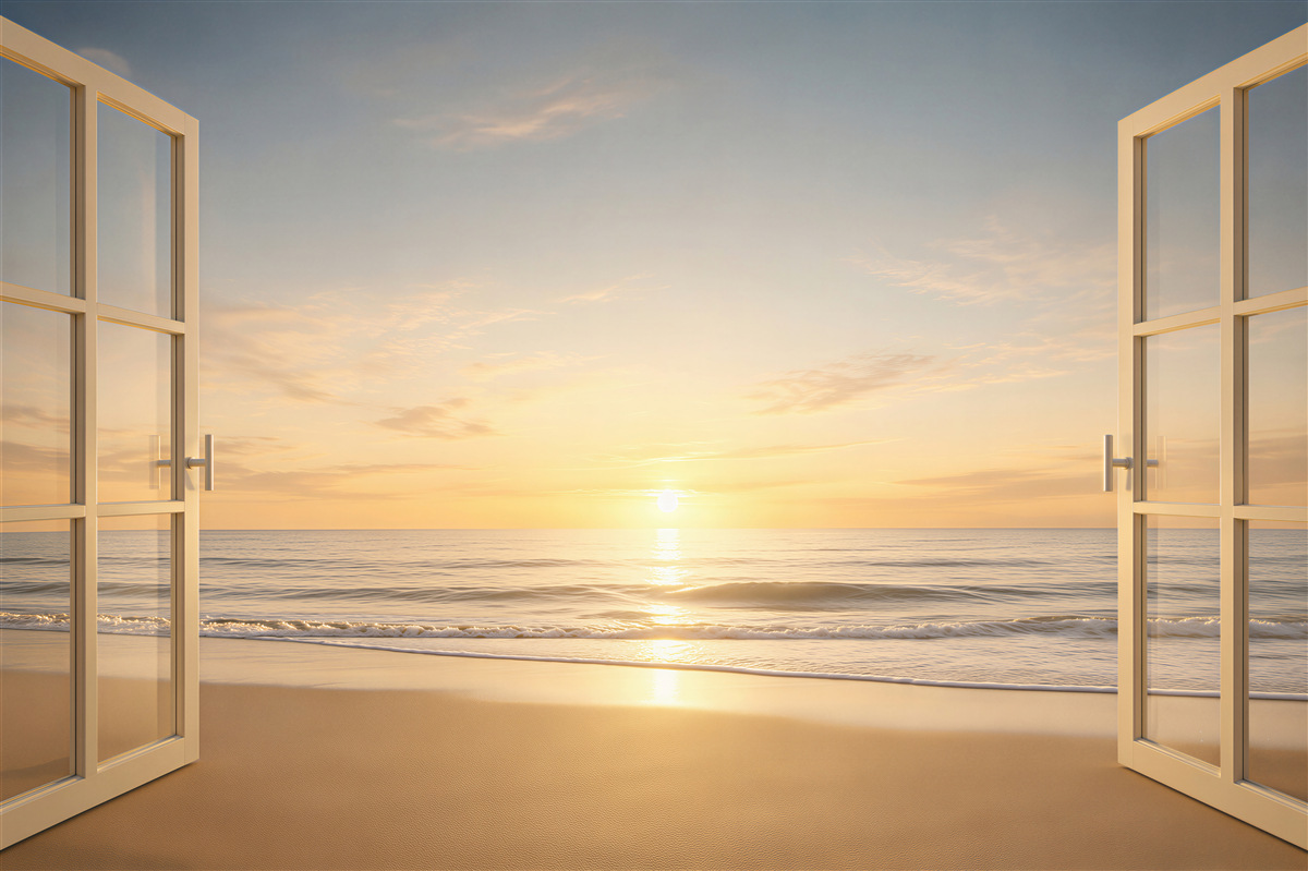 Fototapeten wunderschöner Sonnenuntergang über dem Meer aus dem Fenster