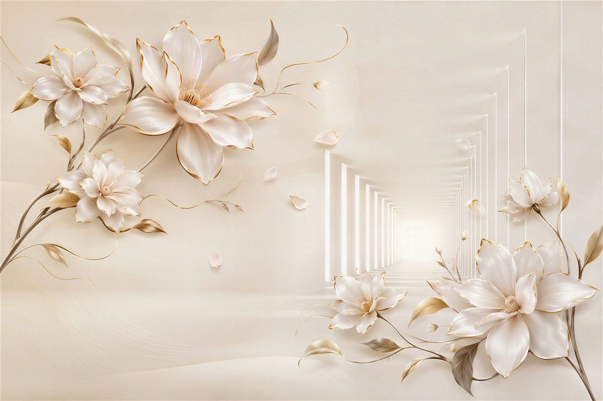 Fototapeten abstrakter Tunnel aus Blumen und Säulen
