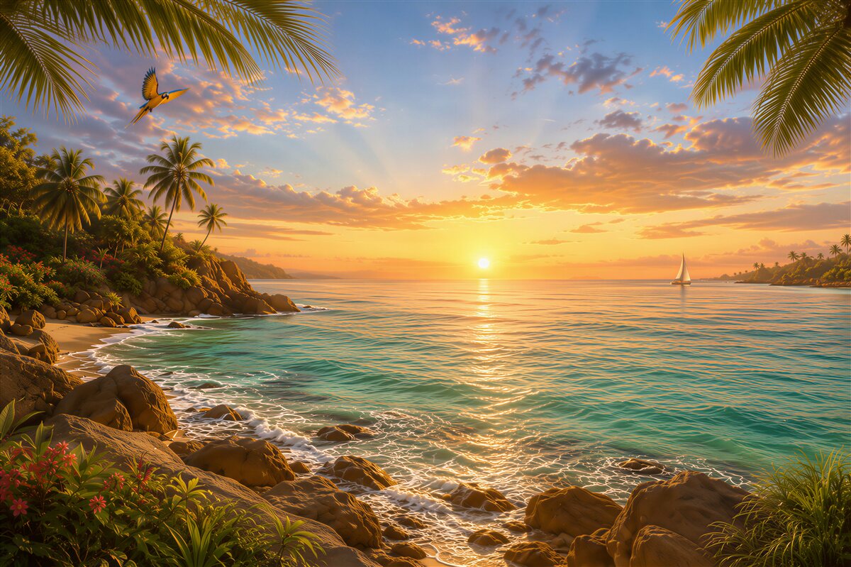 Fototapeten Blick auf den Sonnenuntergang von einer unbewohnten Insel