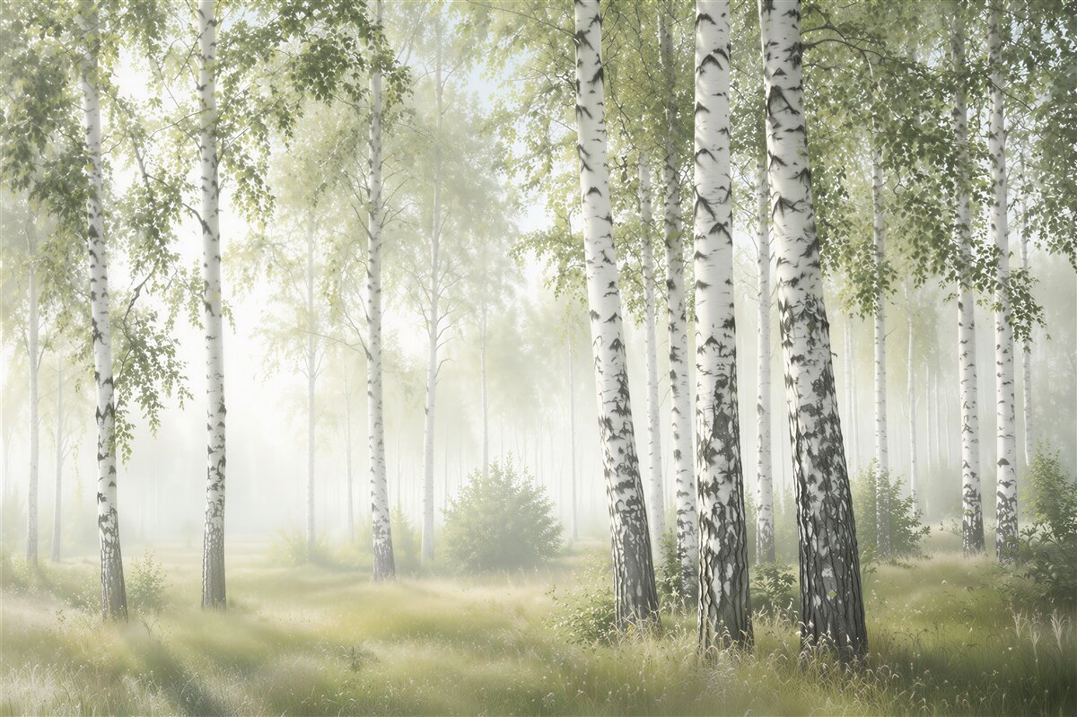 Fototapeten schlanke grüne Birken auf der Wiese