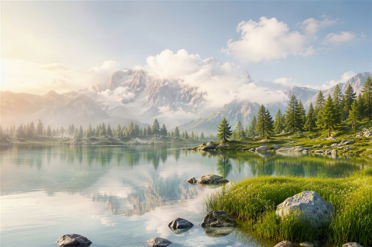 Fototapeten Fluss mit Blick auf die Berge