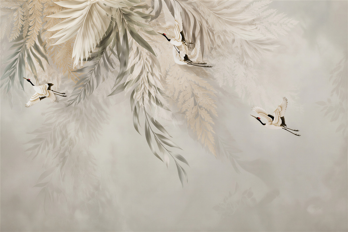 Fototapeten große Blätter und Vögel