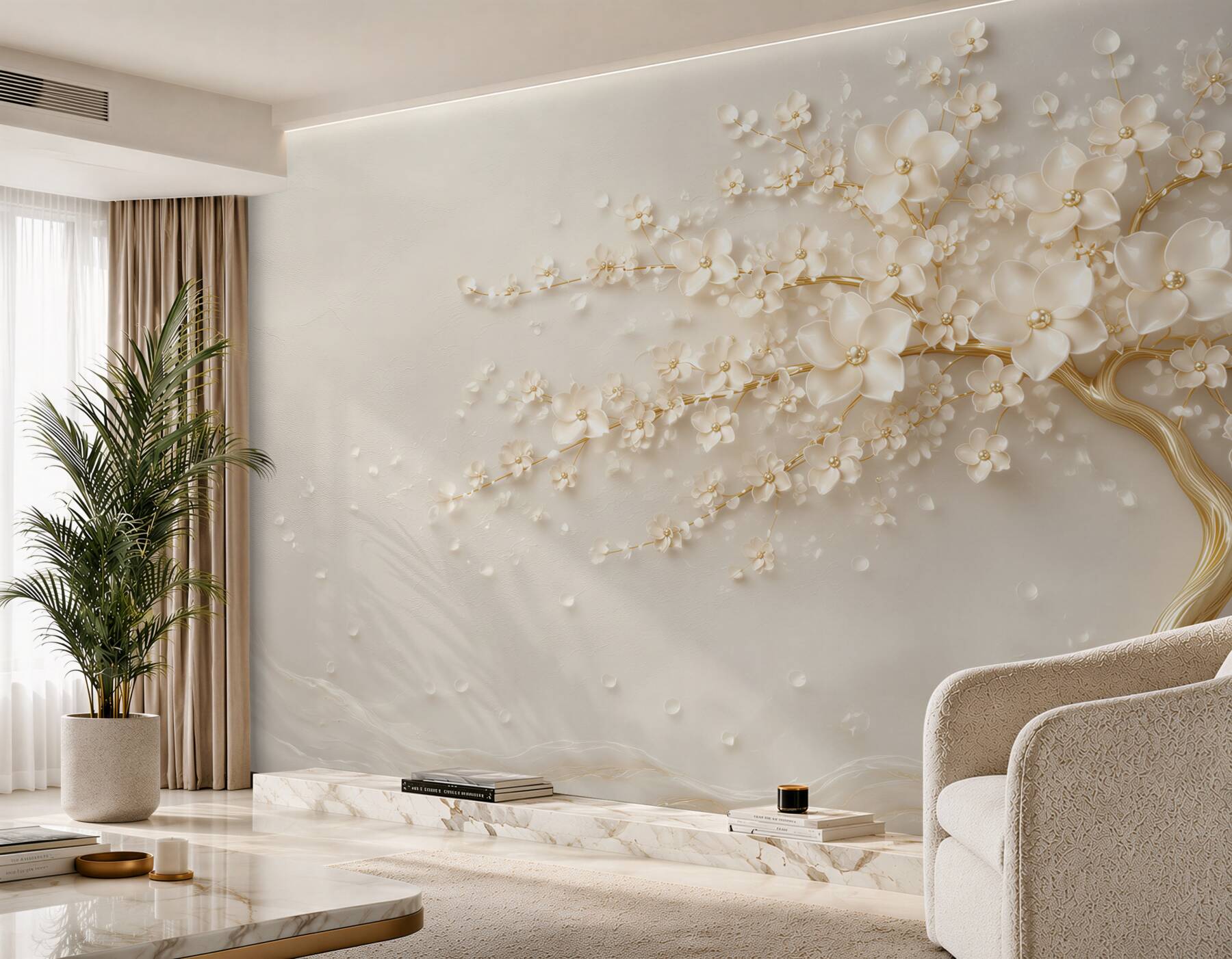 Fototapeten golden Baum mit zarten kleinen Blumen