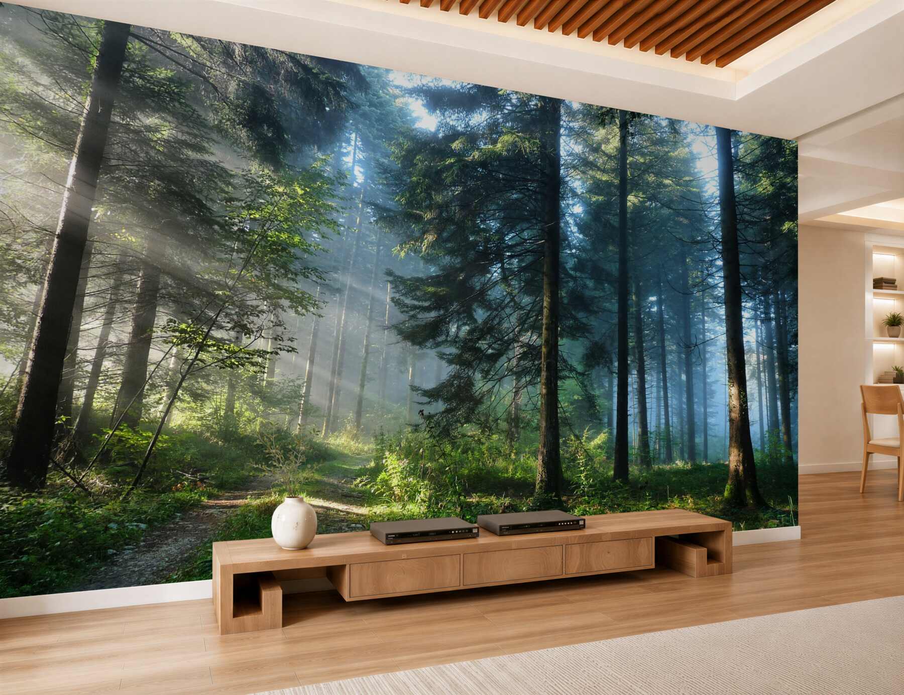 Fototapeten Weg in einem nebligen Wald
