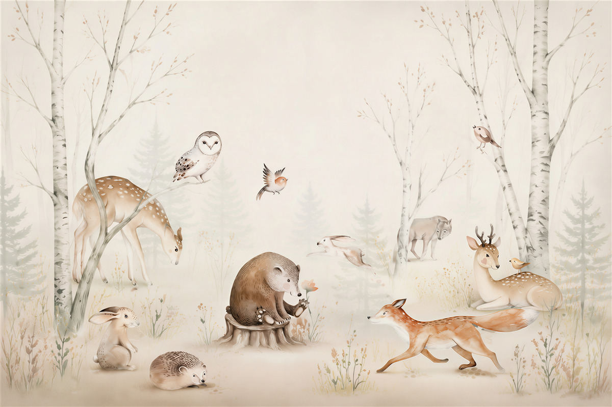 Fototapeten Aquarelltiere im Wald