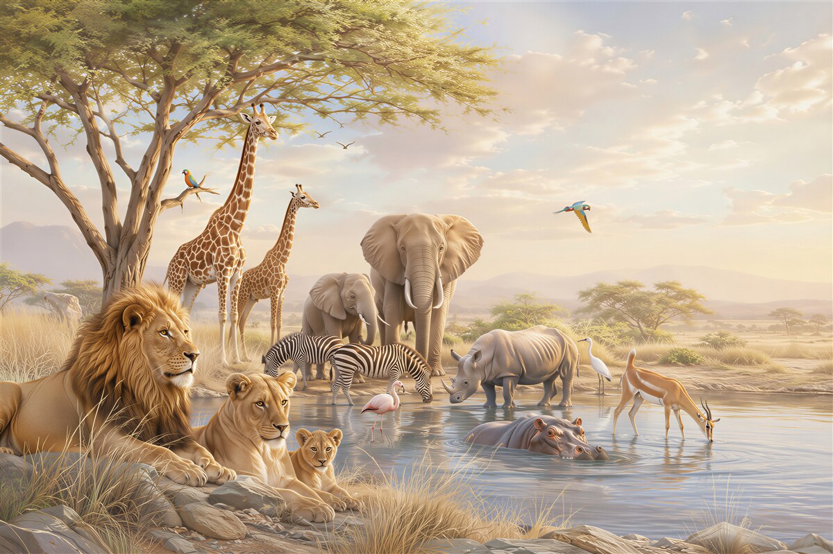 Fototapeten Afrikanische Tiere am Wasserloch