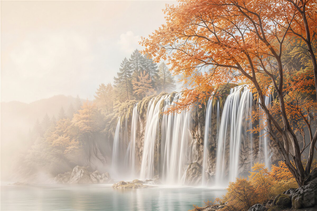 Fototapeten herbstlicher Wald in der Nähe eines großen Wasserfalls