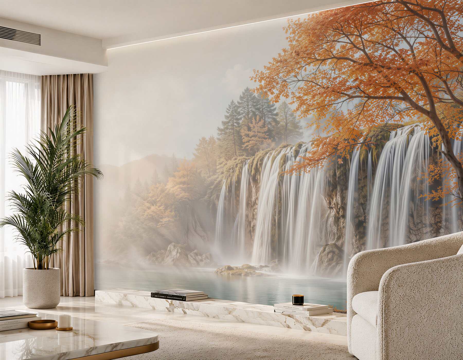 Fototapeten herbstlicher Wald in der Nähe eines großen Wasserfalls