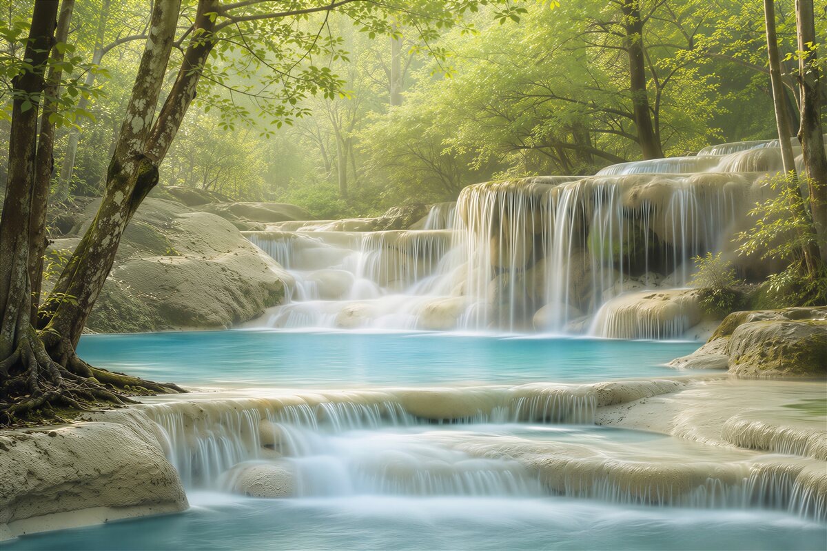 Fototapeten klare, blaue Wasser eines Waldwasserfalls