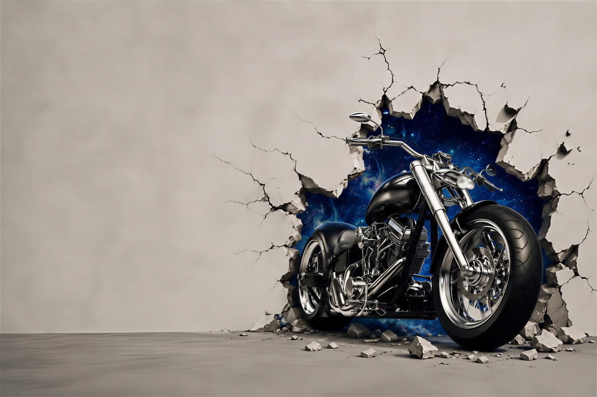 Fototapeten schwarze Motorrad auf der Wand gemalt
