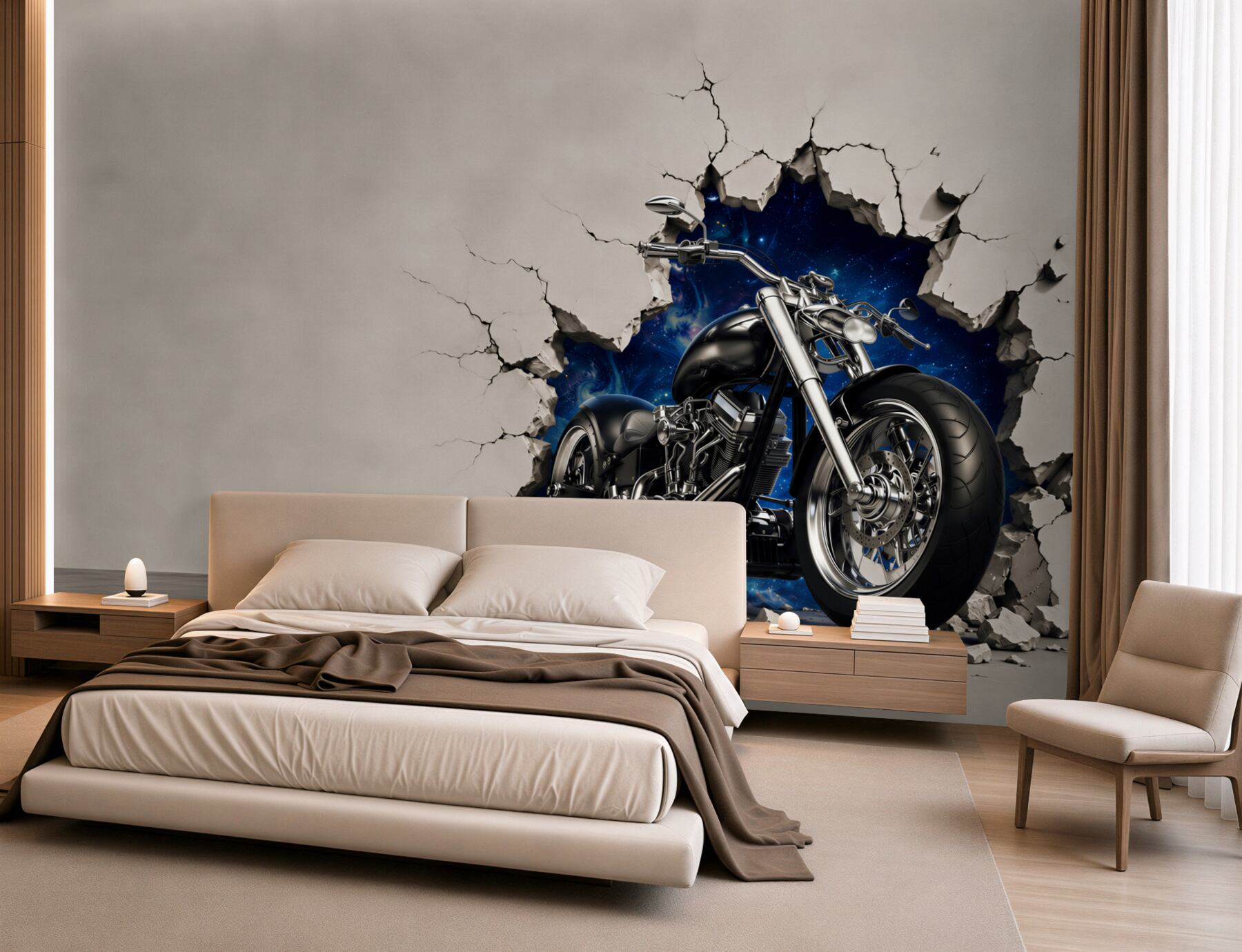 Fototapeten schwarze Motorrad auf der Wand gemalt