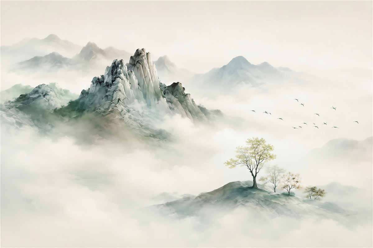 Fototapeten Landschaft mit Nebel und felsigen Bergen
