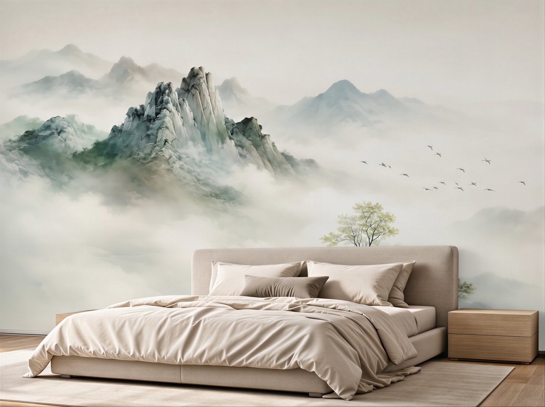 Fototapeten Landschaft mit Nebel und felsigen Bergen