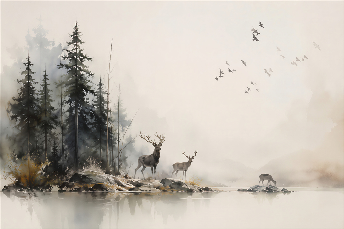 Fototapeten Hirsch begleitet eine Gruppe von Vögeln