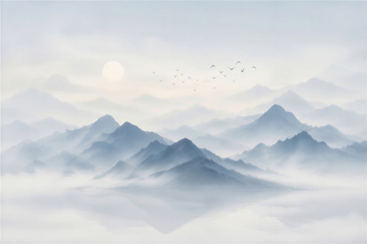 Fototapeten dichte Nebel in den Bergen und ein einsamer Fischer