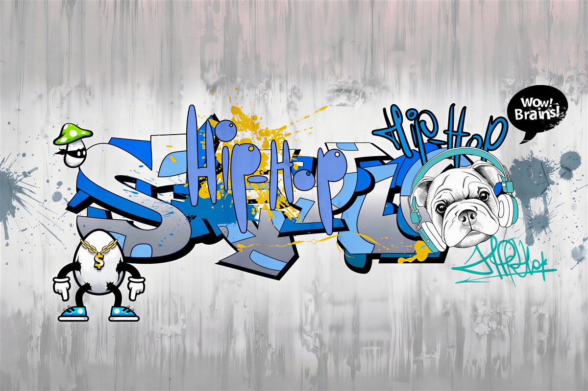 Fototapeten Hund mit Graffiti und Kopfhörern